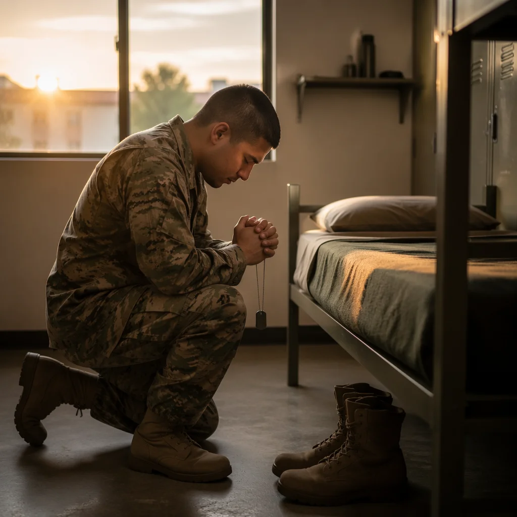 Soldier Kneeling in Barracks at Dawn