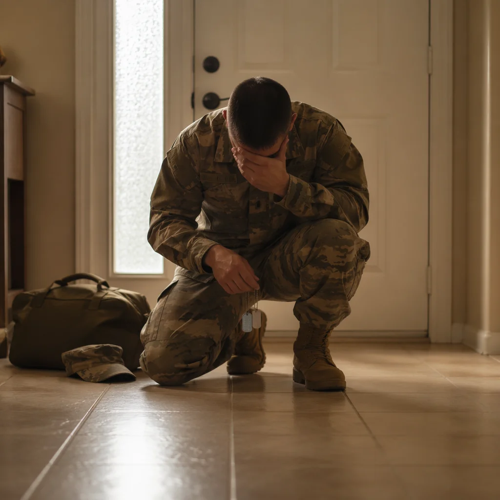 Soldier Kneeling in Prayer With Dog Tags