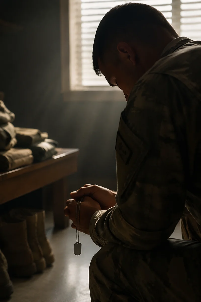 Soldier Kneeling in Prayer with Dog Tags