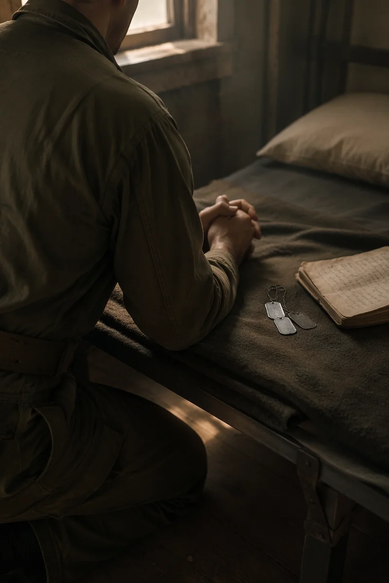 Soldier Kneeling in Prayer by Dog Tags