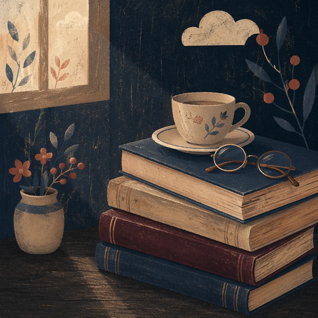 Cozy Reading Nook with Books and Glasses