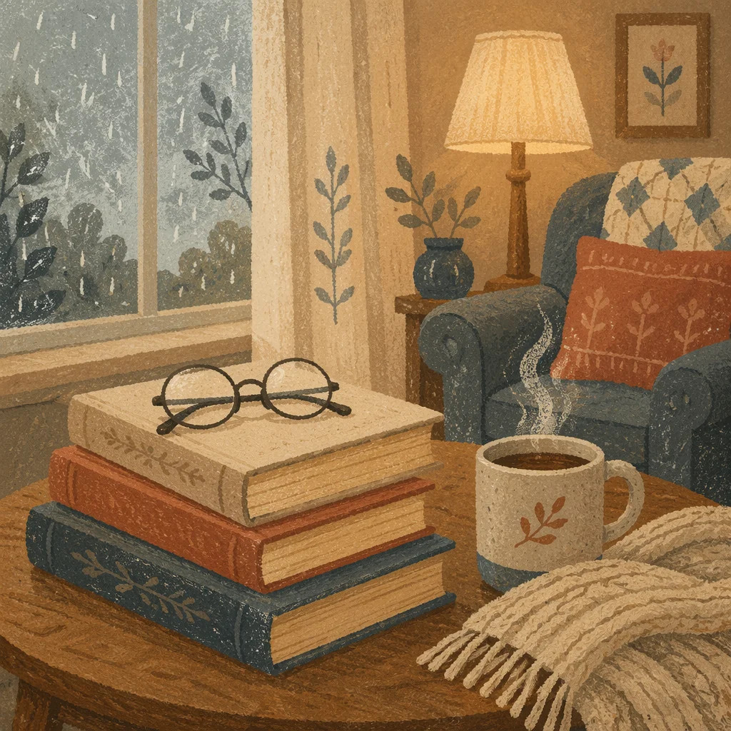 Cozy Books and Glasses Reading Corner