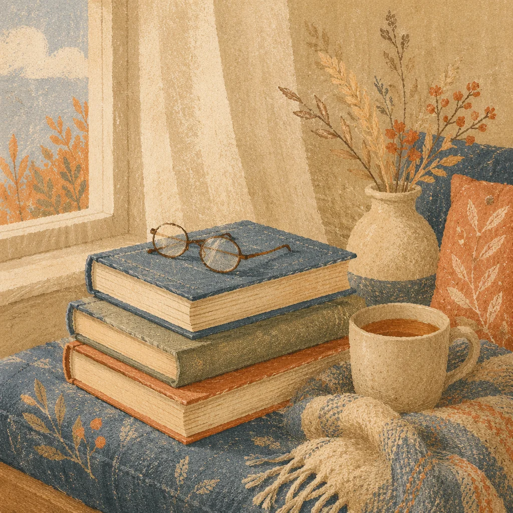 Cozy Books and Glasses Reading Nook
