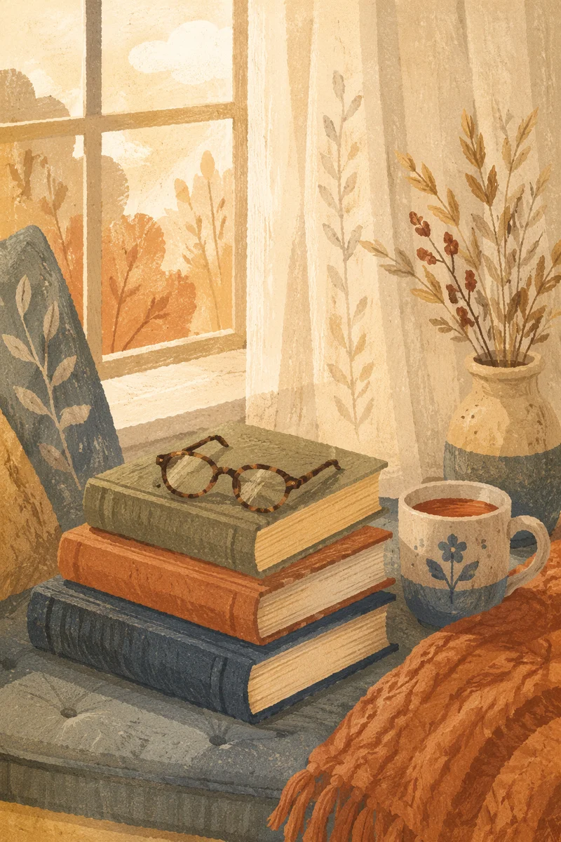 Cozy Books and Glasses Reading Nook