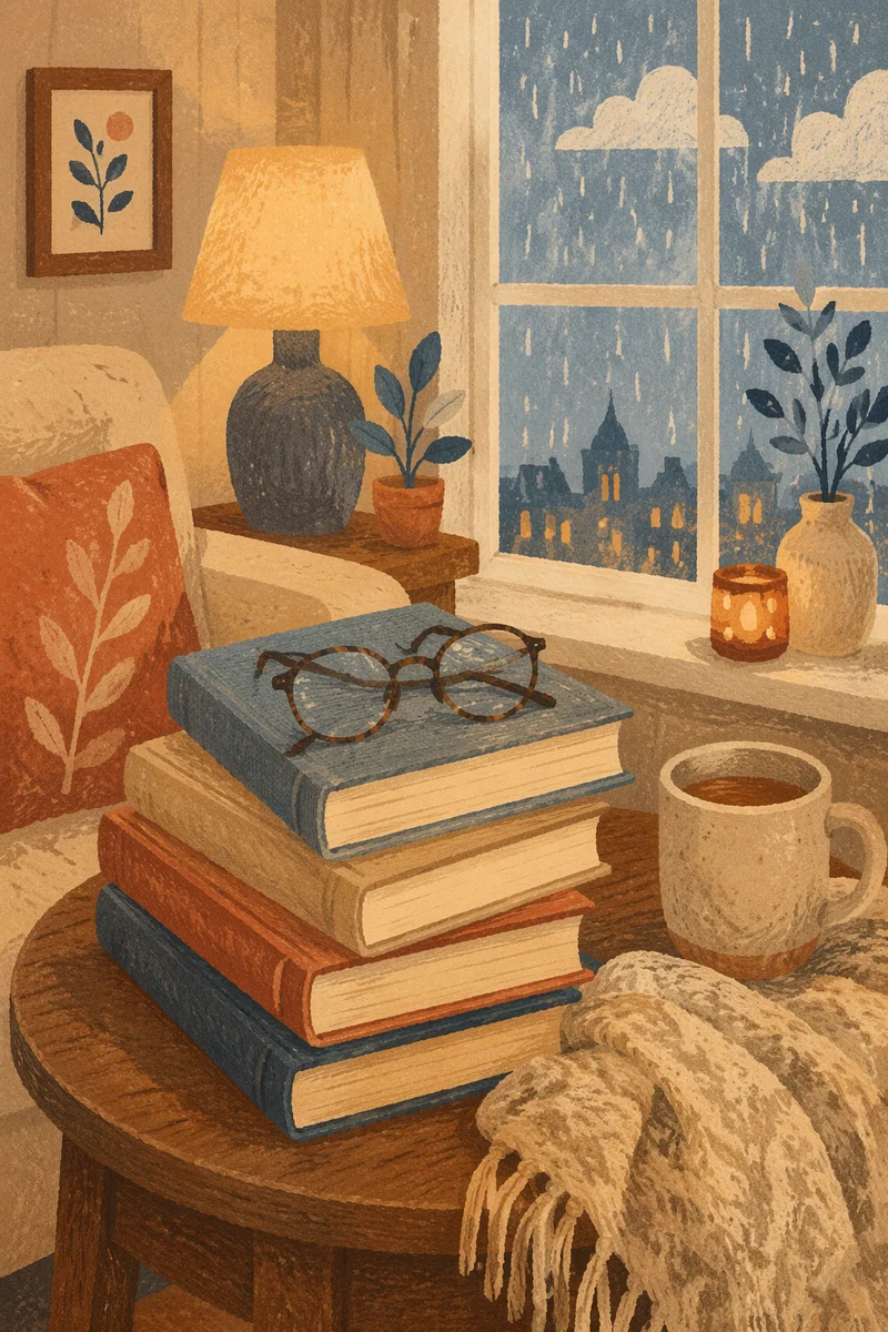 Cozy Reading Nook with Books and Glasses