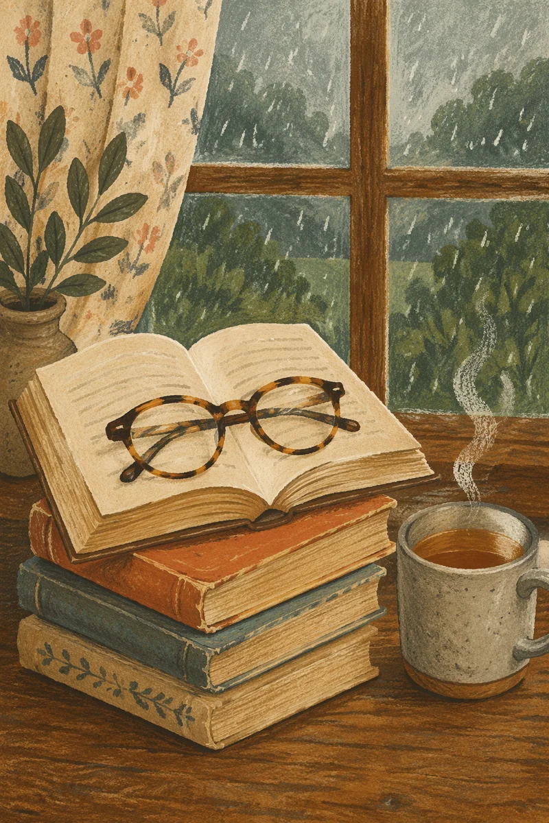 Cozy Books and Glasses by Rainy Window