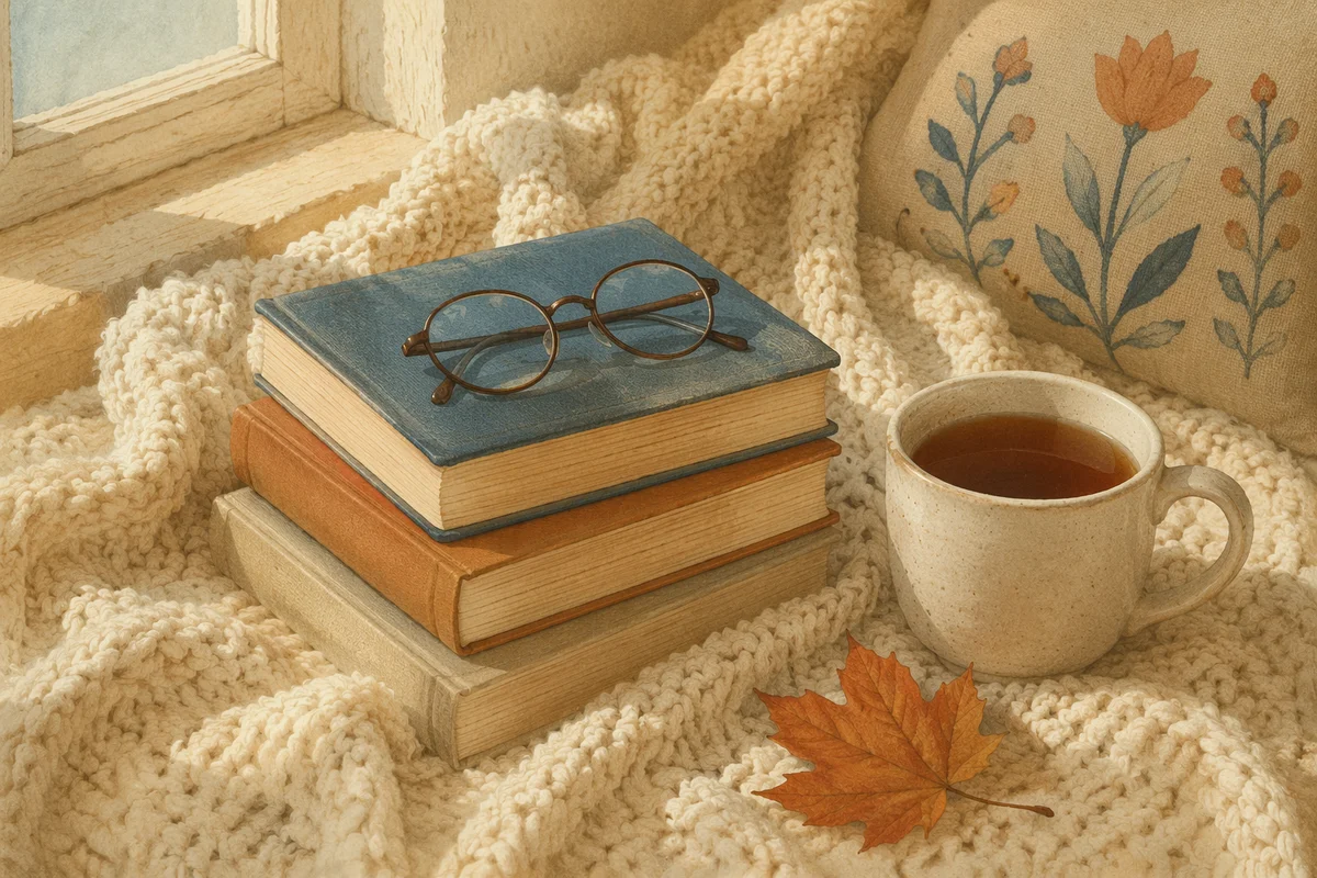 Cozy Books and Glasses on Knit Blanket