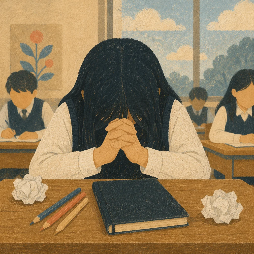 Student Praying Before Classroom Exam