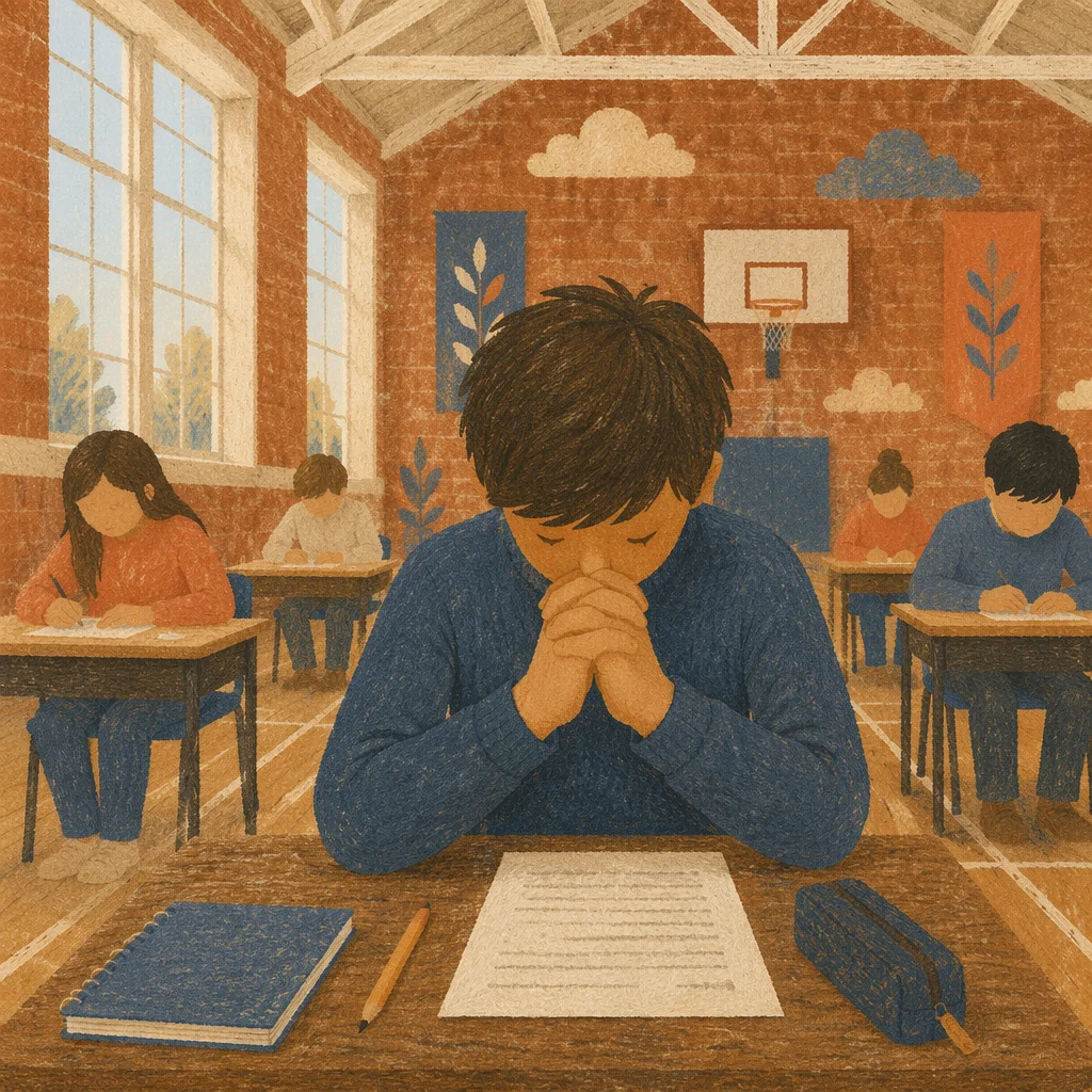 Praying Student Before Exam in Classroom