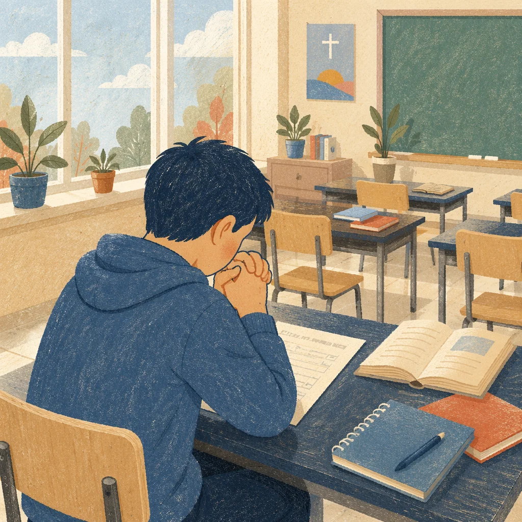 Student Praying Before Classroom Exam