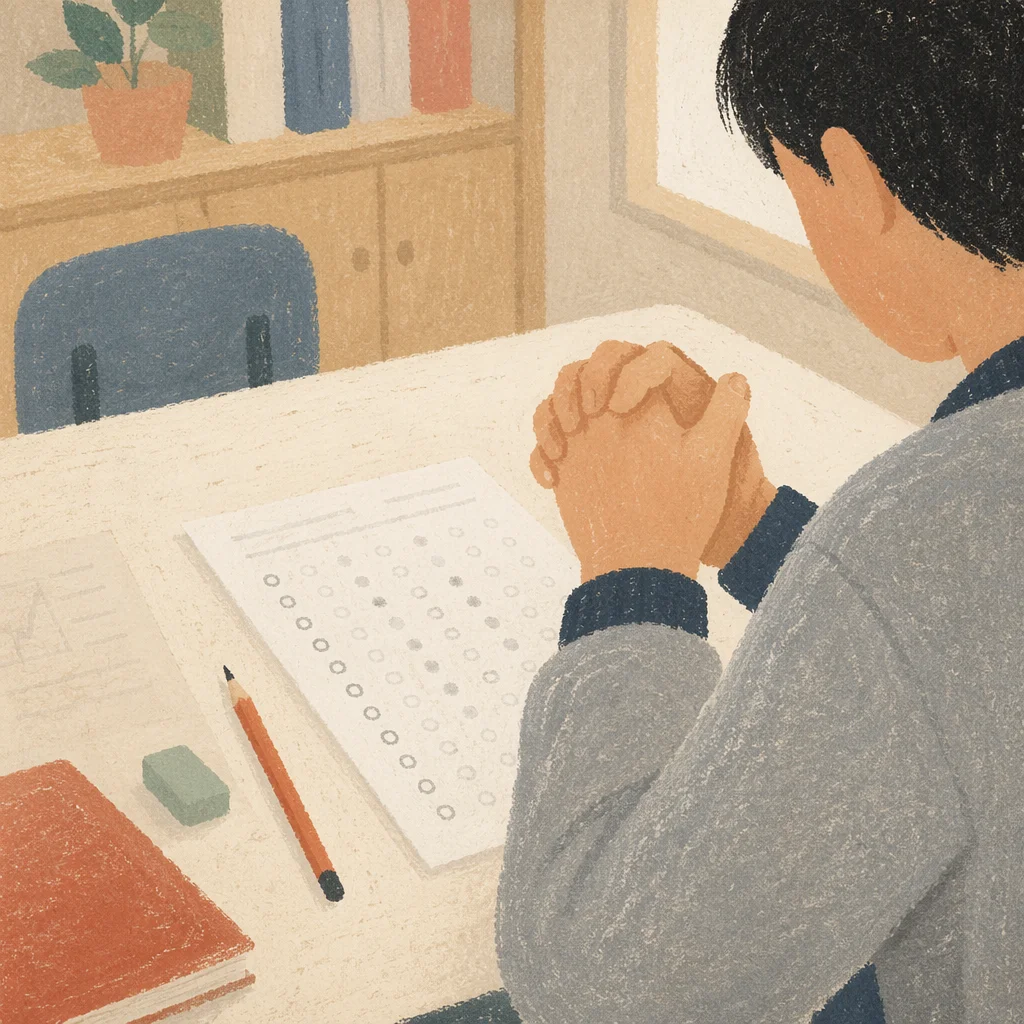 Student Praying Before Exam at Classroom Desk