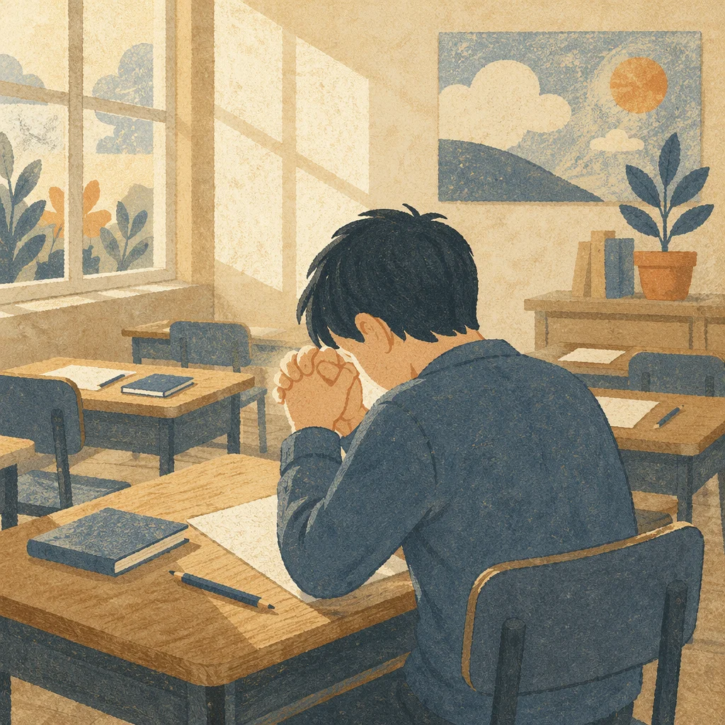 Student Praying Before Exam in Classroom
