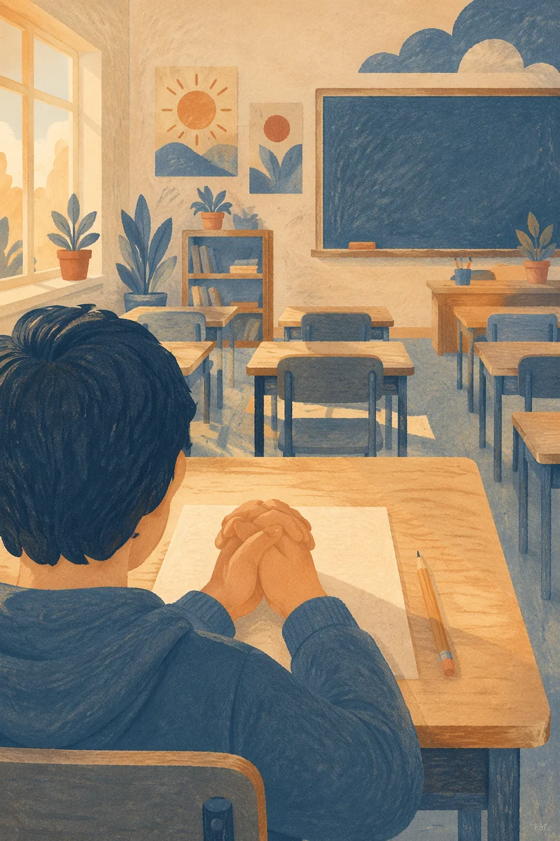 Student Praying Before Classroom Exam