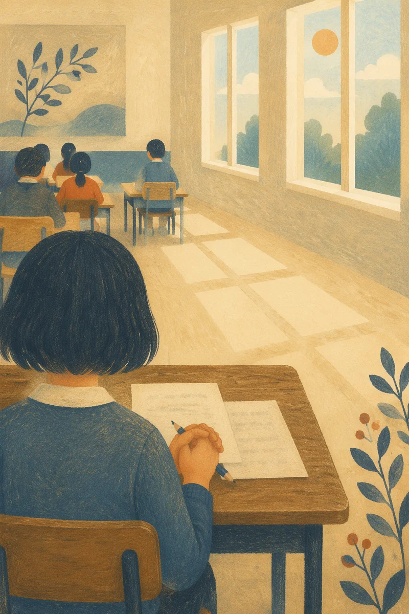 Student Praying Before Exam in Classroom