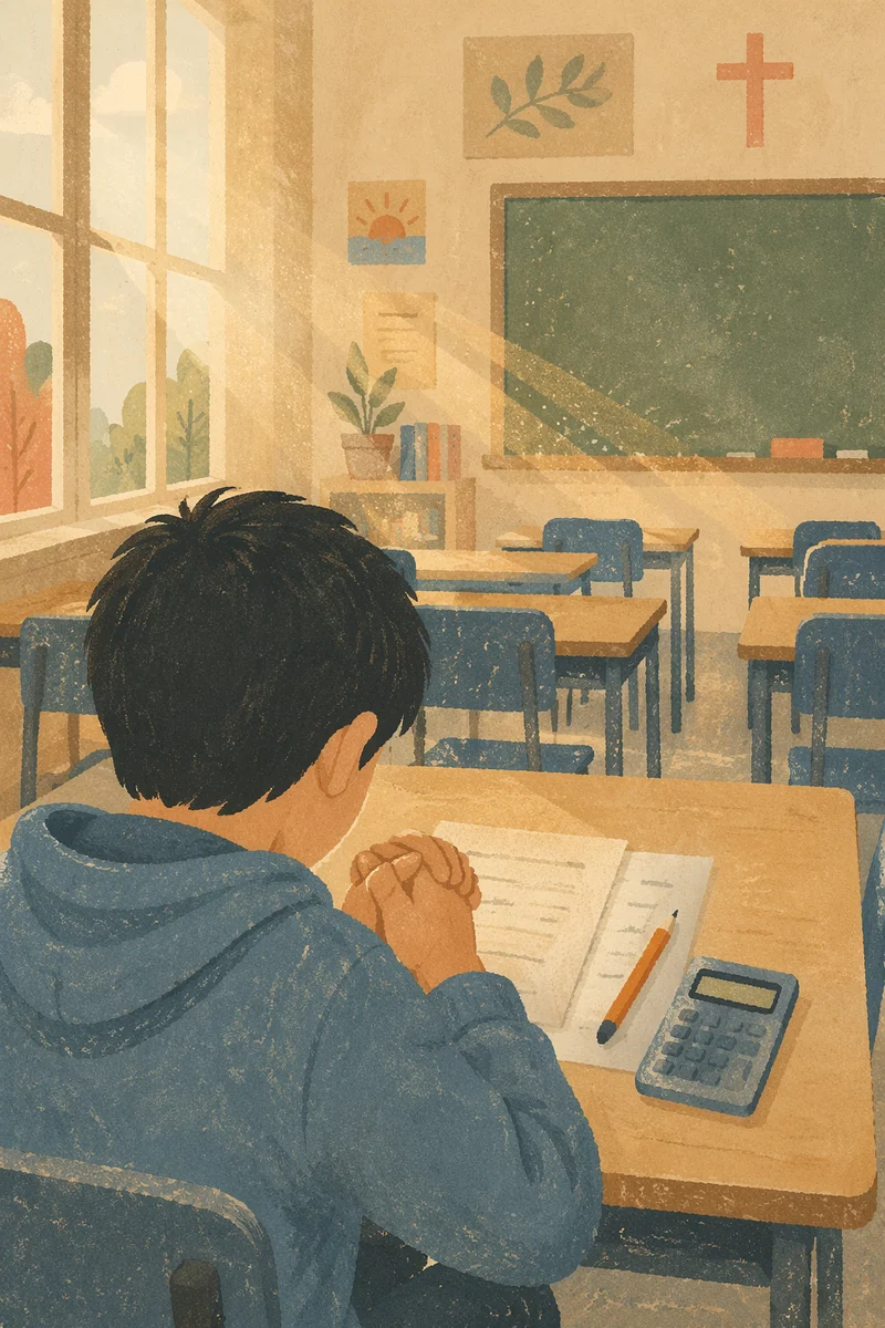 Student Praying Before Classroom Exam