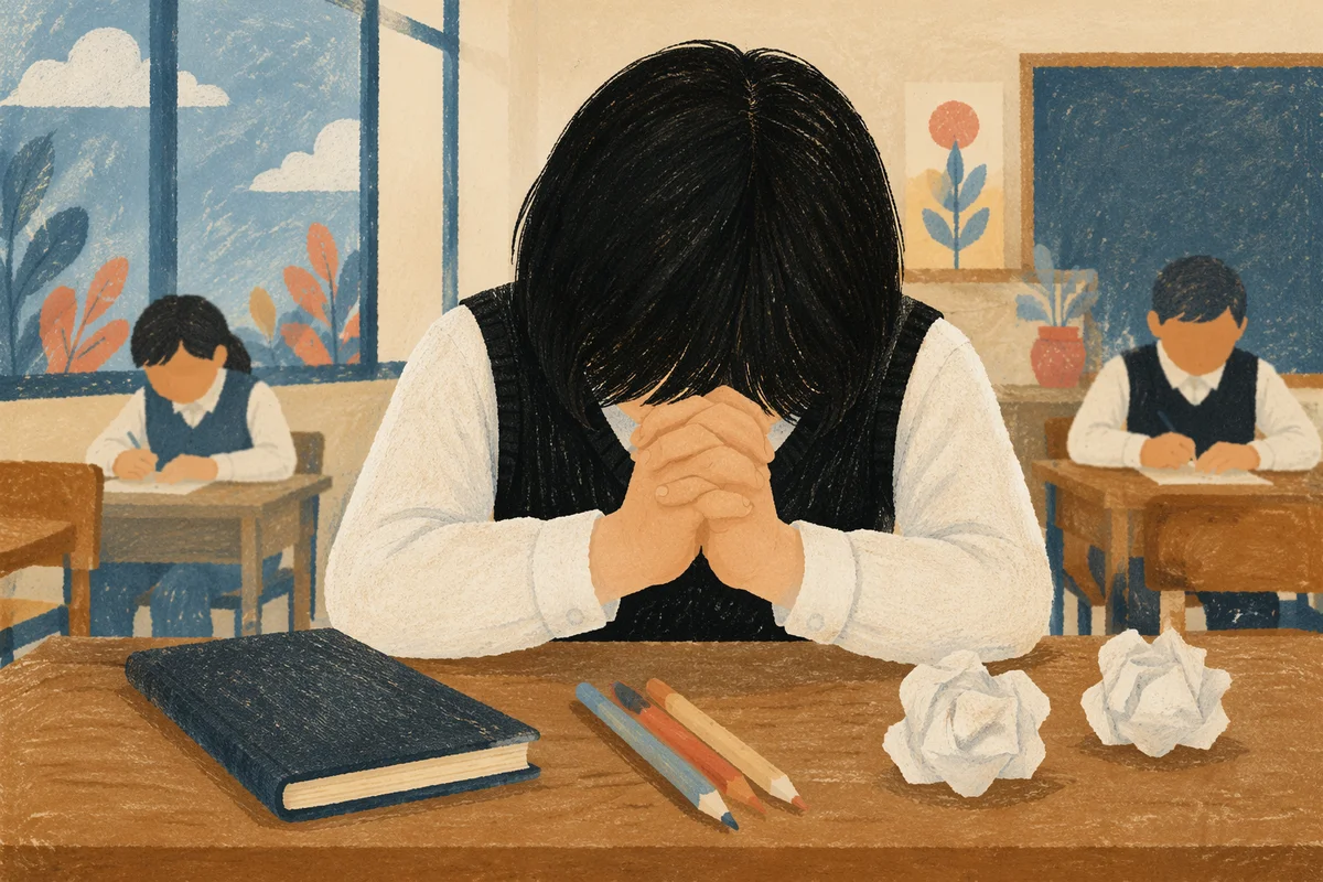 Student Praying Before Classroom Exam