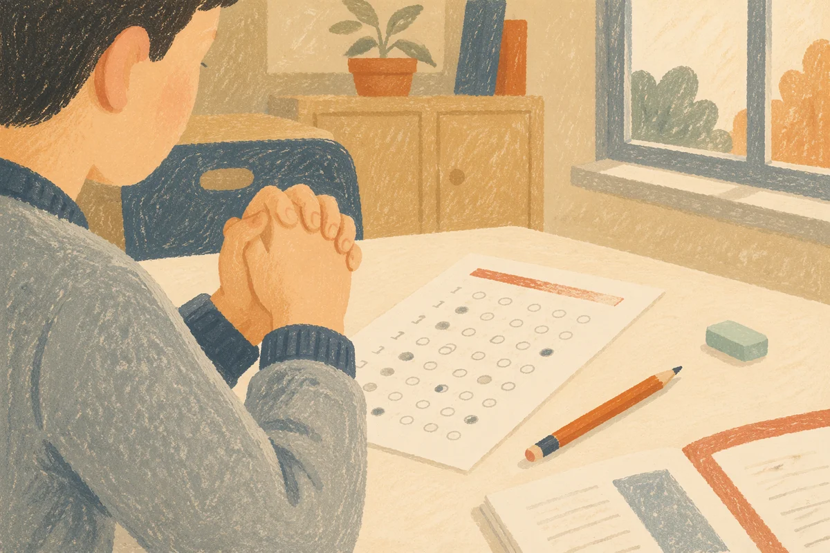 Student Praying Before Classroom Exam