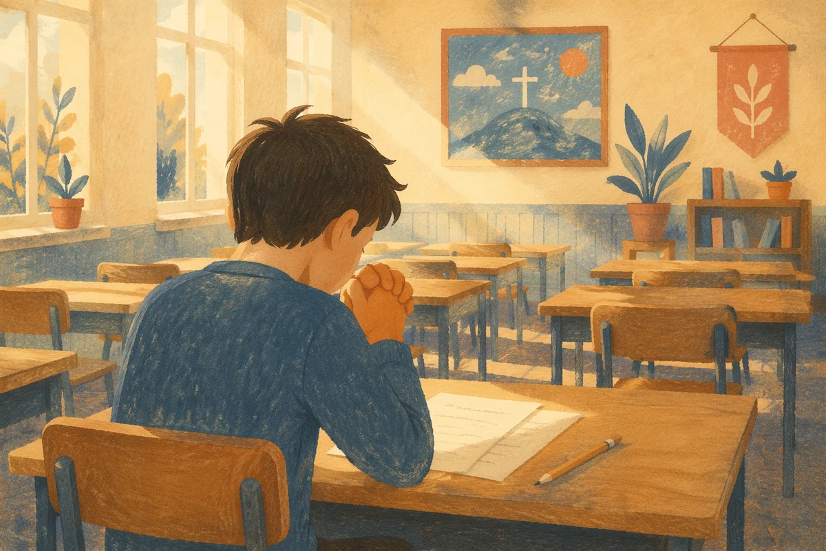Student Praying Before Exam in Classroom