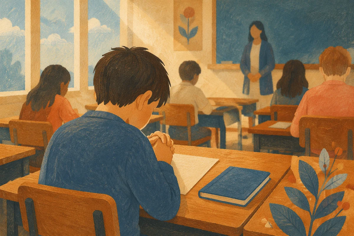Student Praying Before Exam in Classroom
