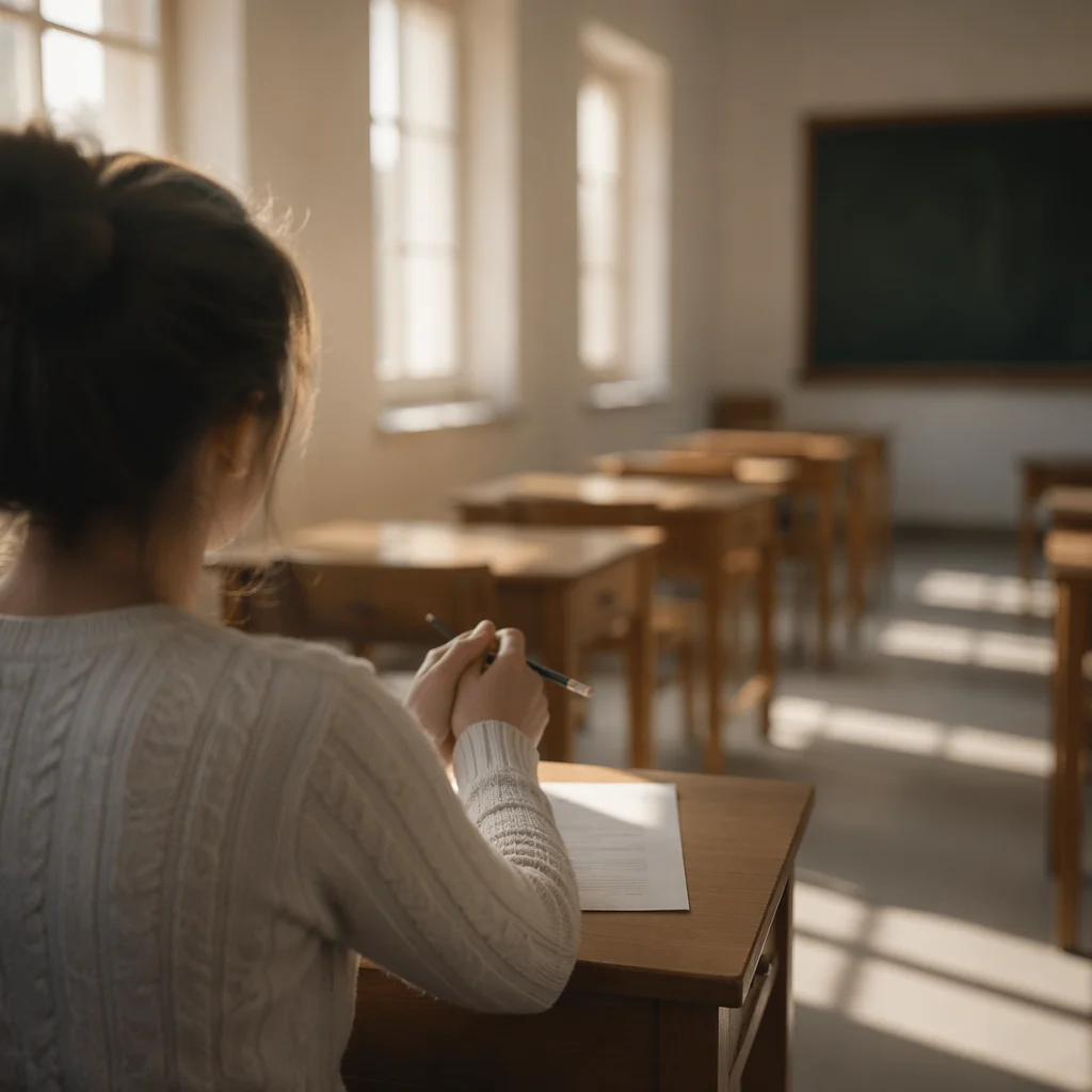 Student Praying Quietly Before Classroom Exam
