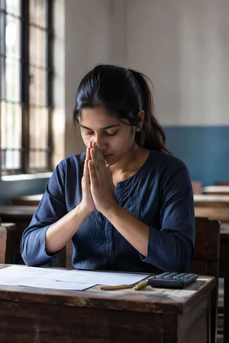 Student Praying Before Exam in Classroom