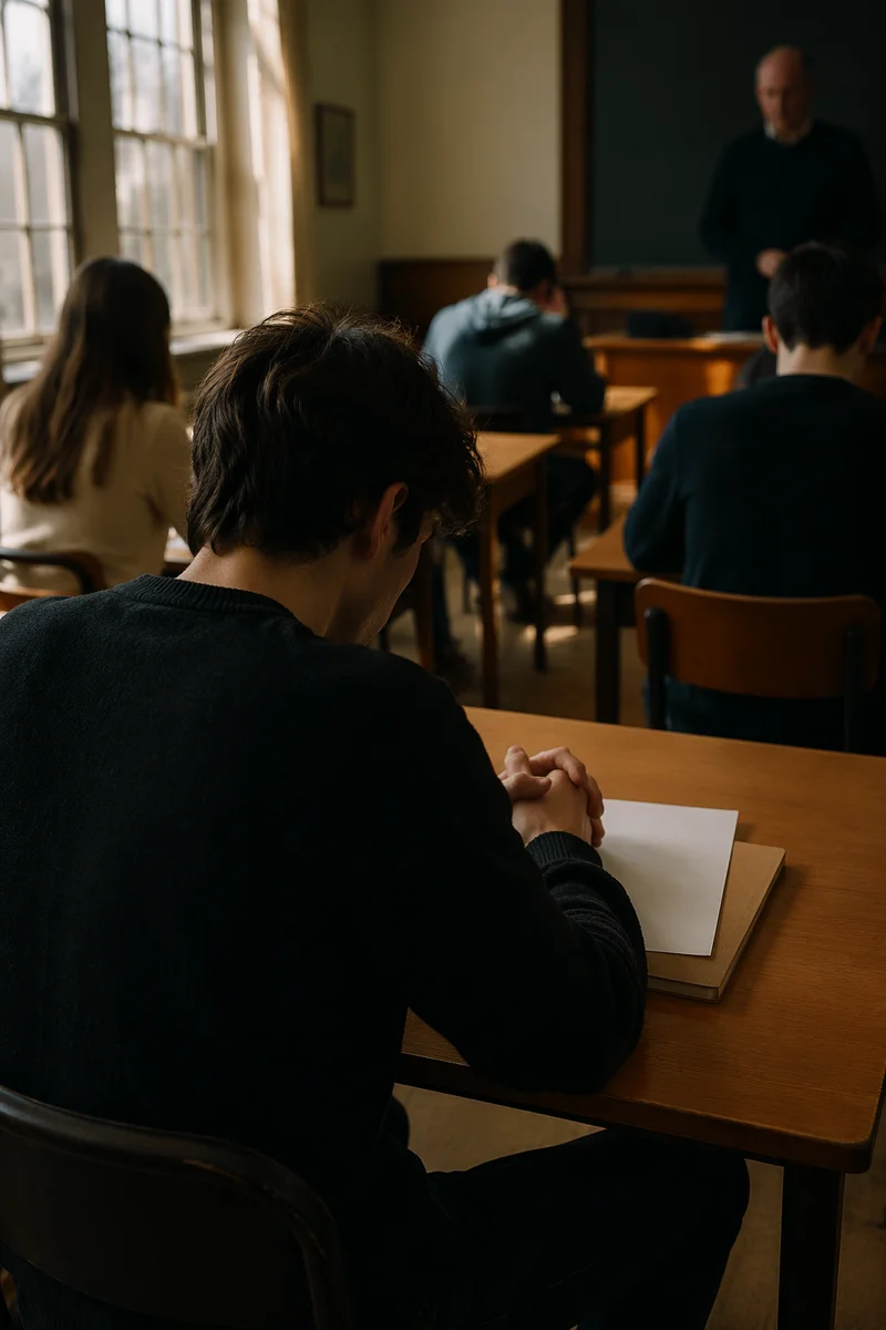 Student Praying Before Classroom Exam
