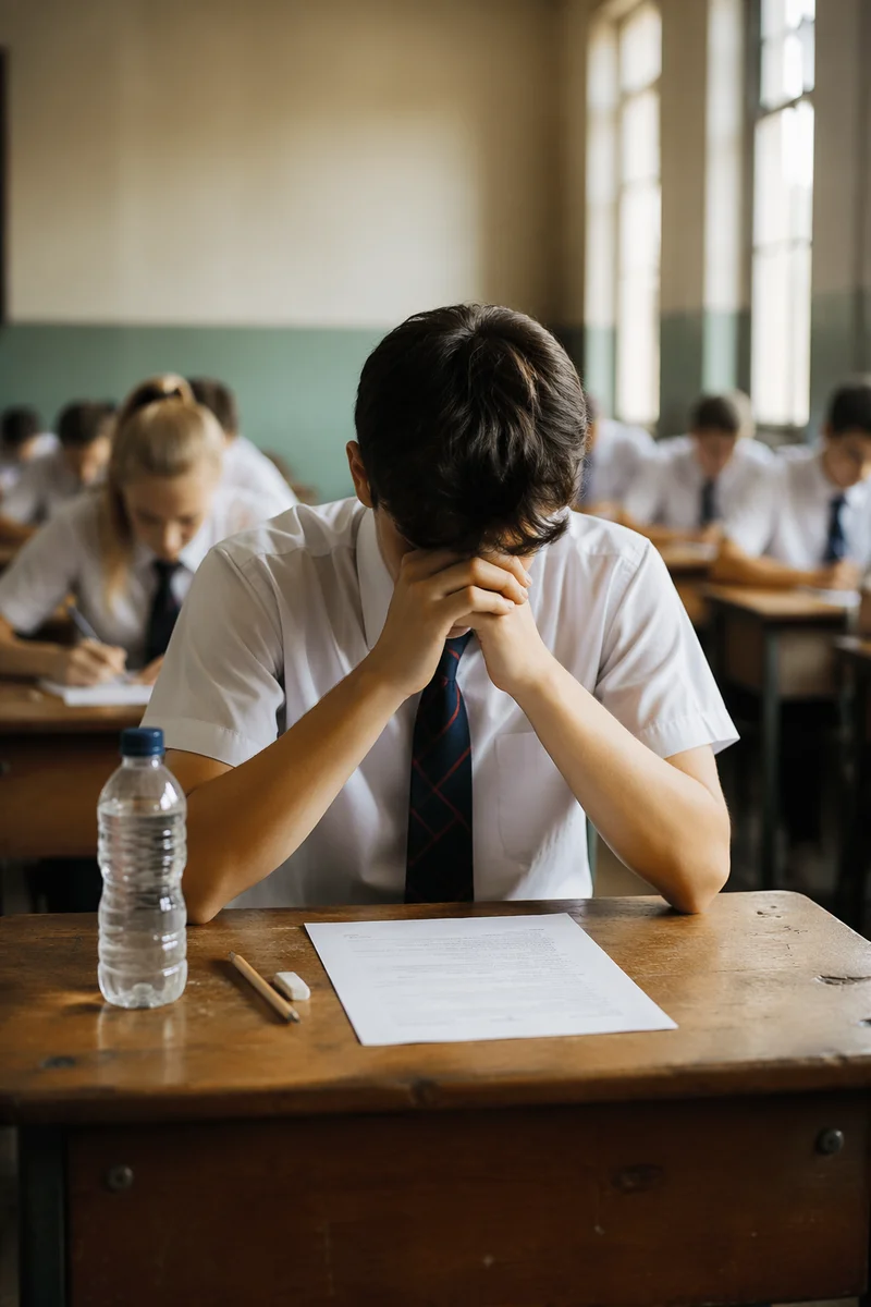 Student Praying Quietly Before Classroom Exam