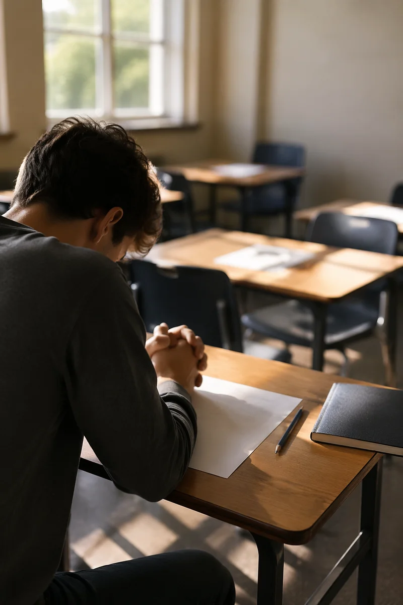 Student Praying Before Exam in Classroom