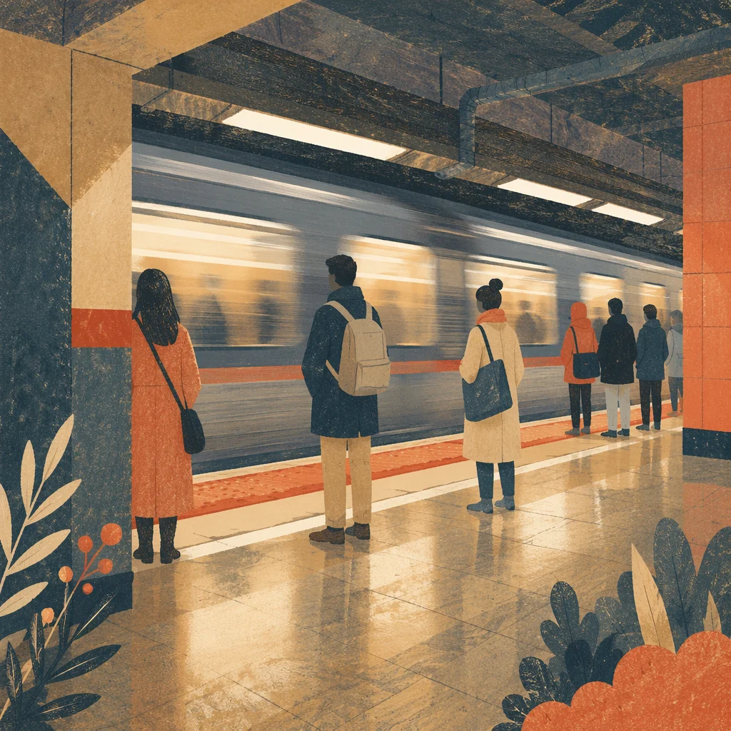 Evening Subway Platform with Waiting Commuters