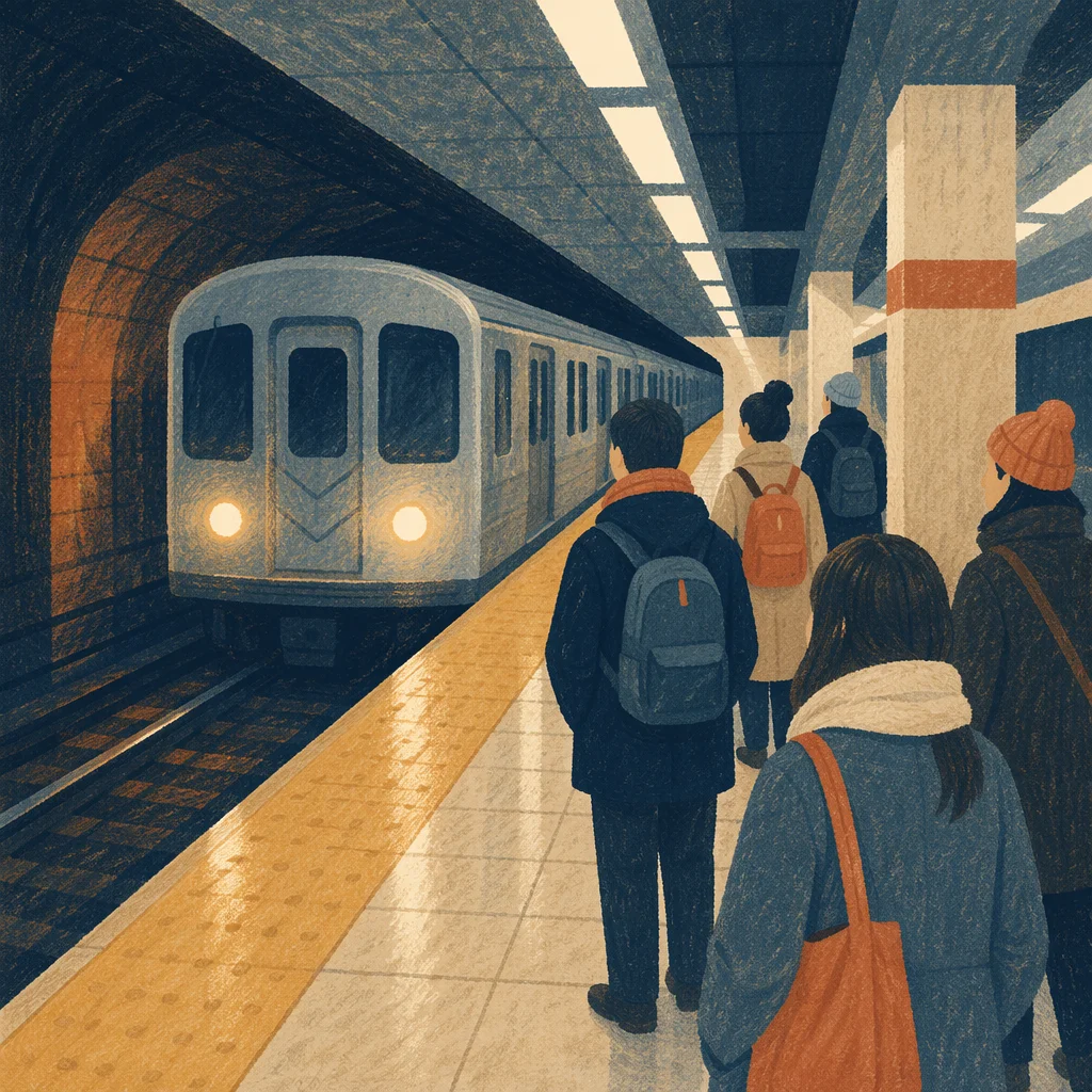 Morning Subway Arrival with Waiting Commuters