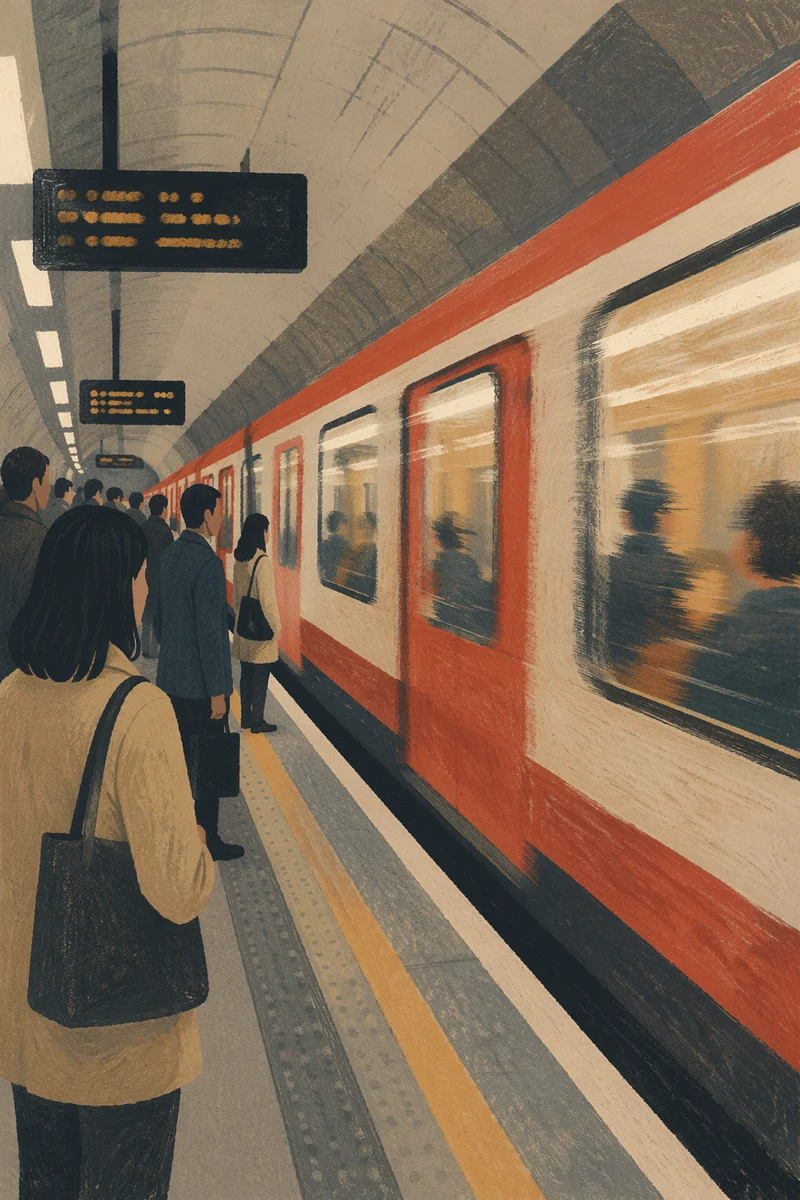 Red Subway Train at Busy Platform