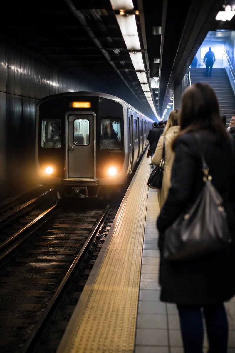 Early Morning Subway Arrival with Commuters