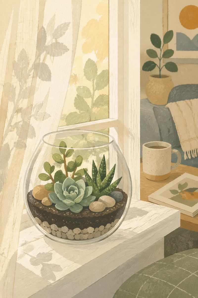 Sunlit Succulent Terrarium on Window Ledge