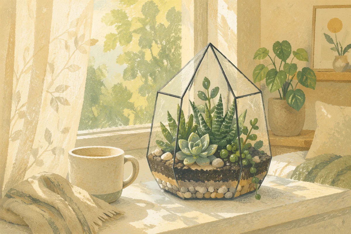 Sunlit Succulent Terrarium on Apartment Window Ledge