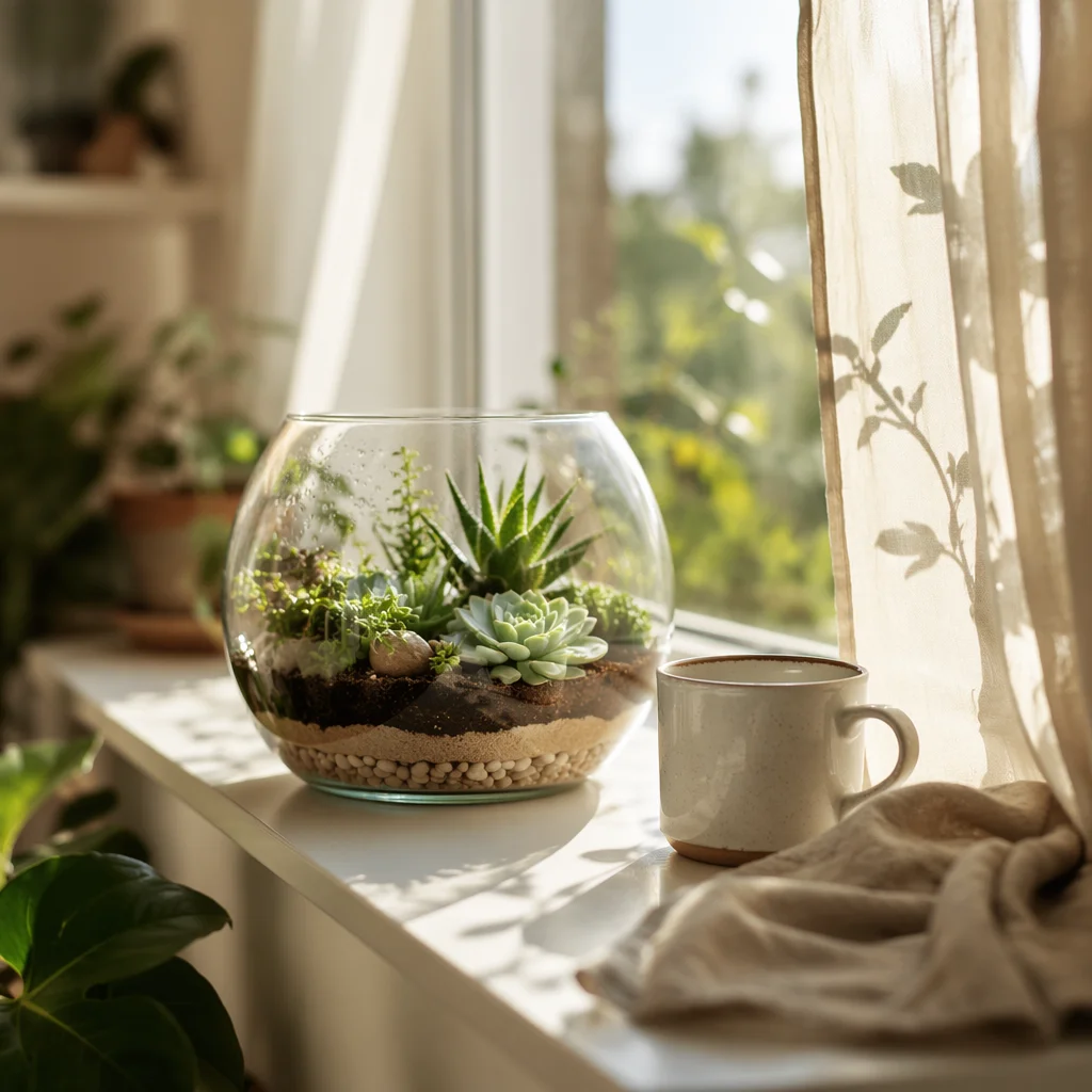 Sunlit Succulent Terrarium on Apartment Window Ledge