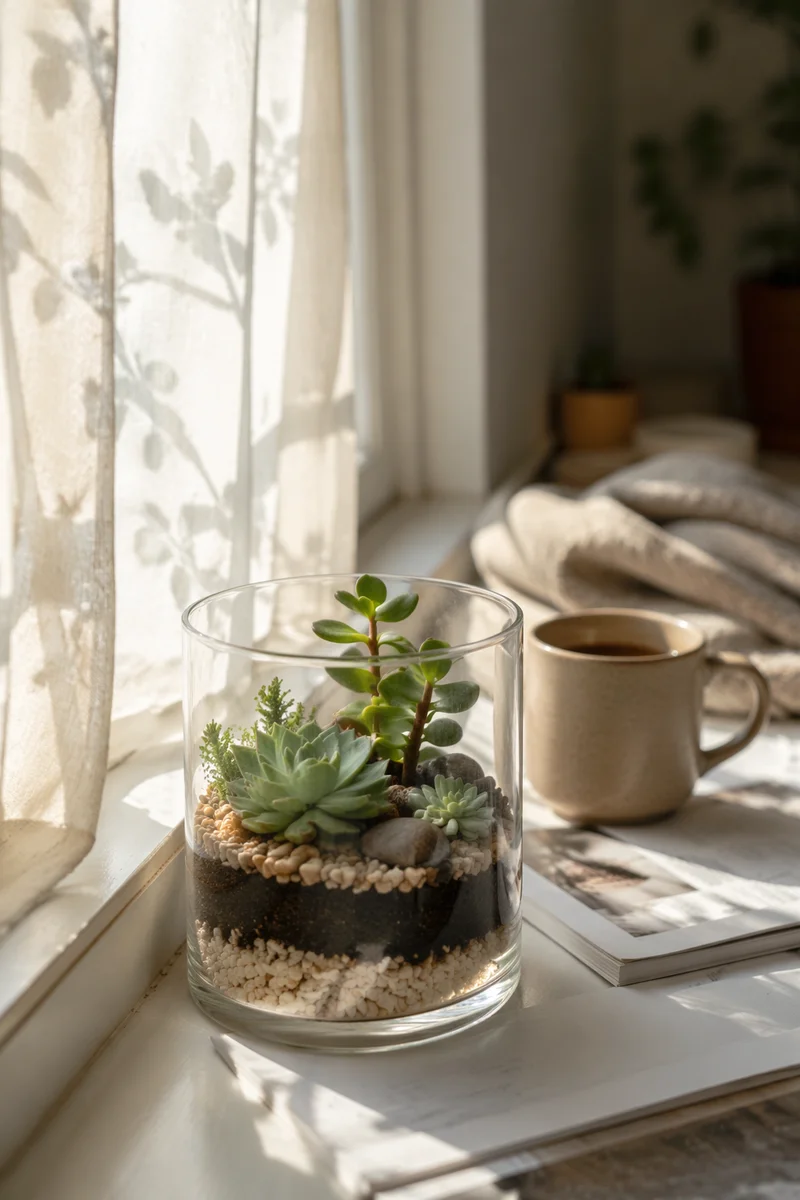 Sunlit Succulent Terrarium on Window Ledge