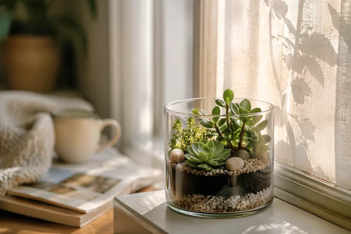 Sunlit Succulent Terrarium on Window Ledge
