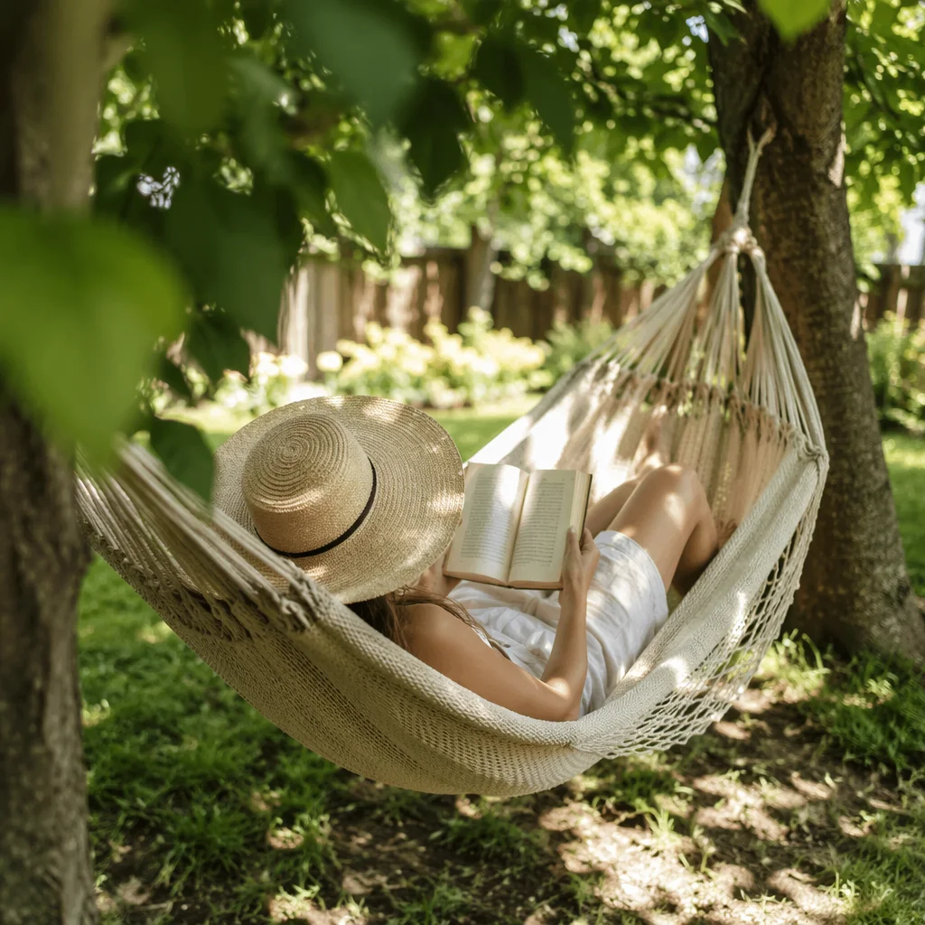 Peaceful Summer Hammock Reading Under Shade Trees