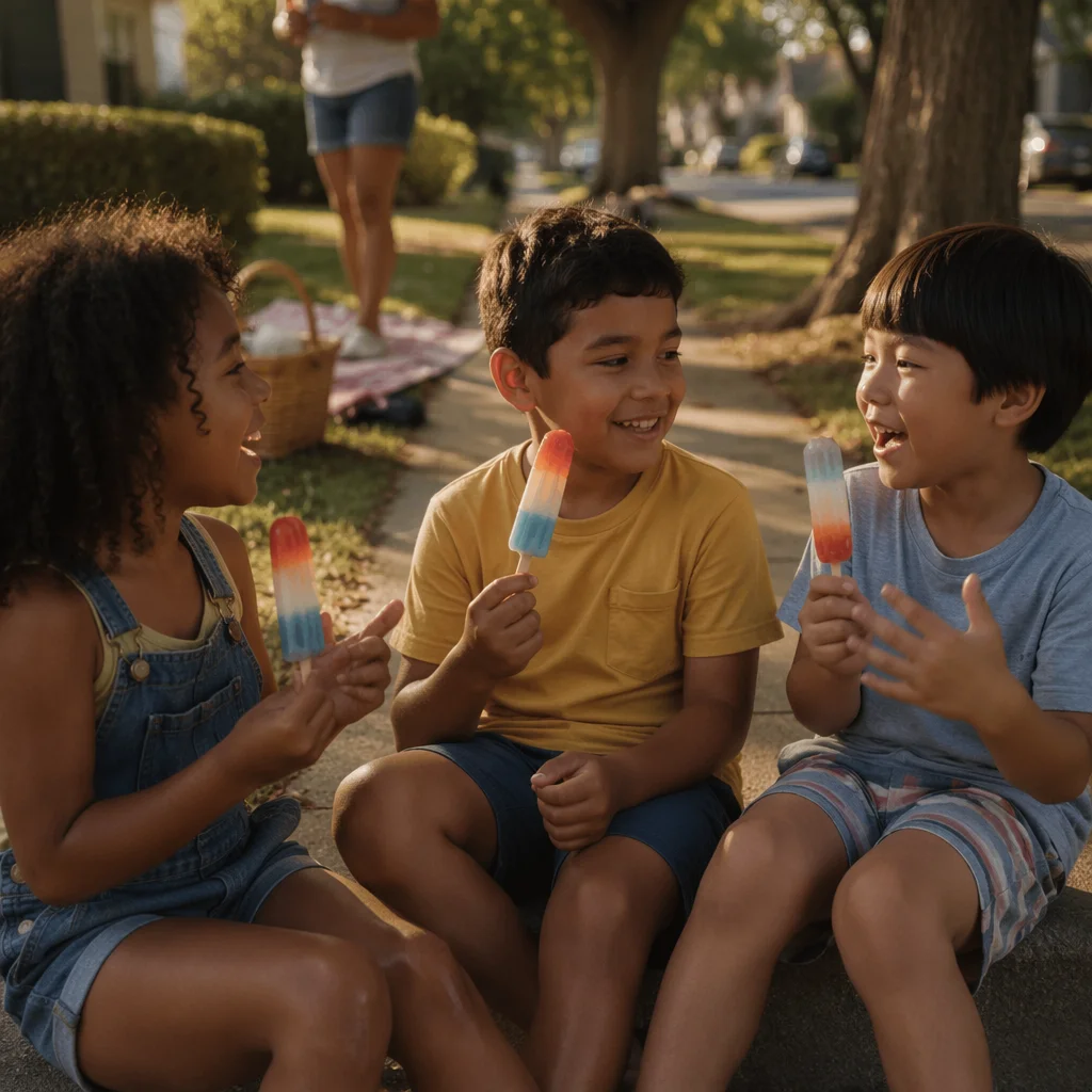 Children Sharing Colorful Popsicles on Sidewalk