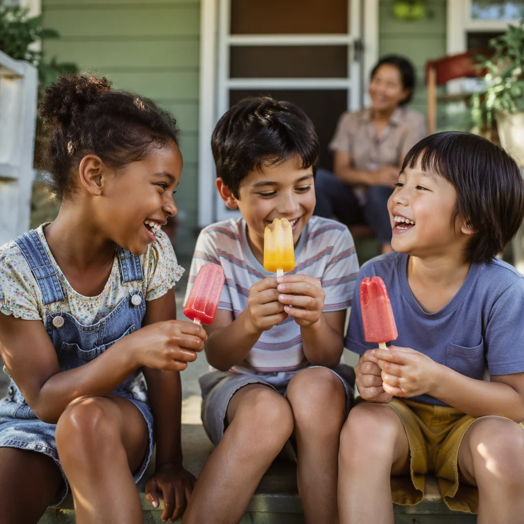 Kids Sharing Fruit Popsicles on Porch