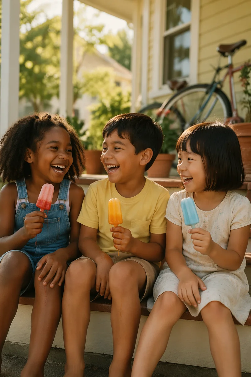 Children Laughing with Popsicles on Porch