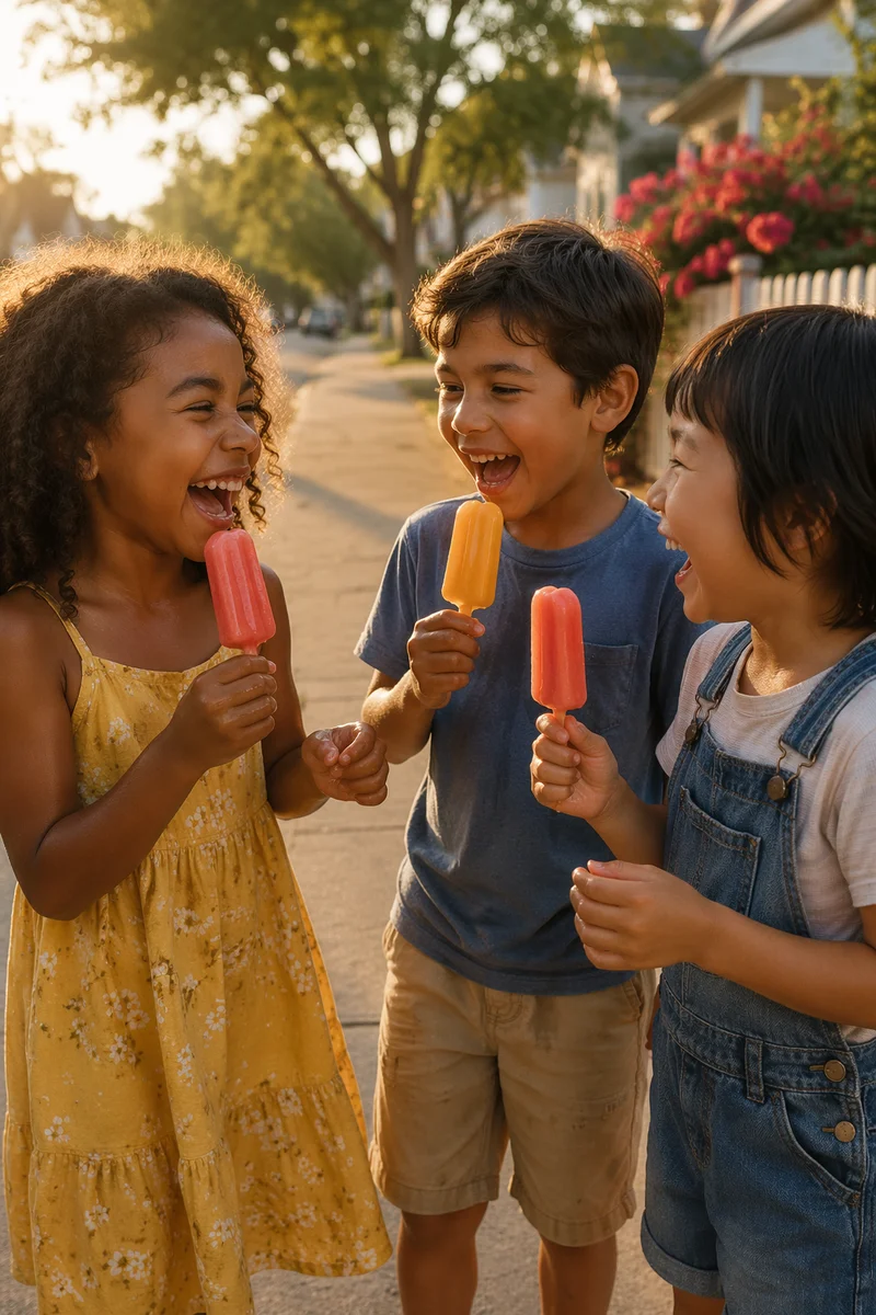 Children Sharing Fruit Popsicles on Sidewalk