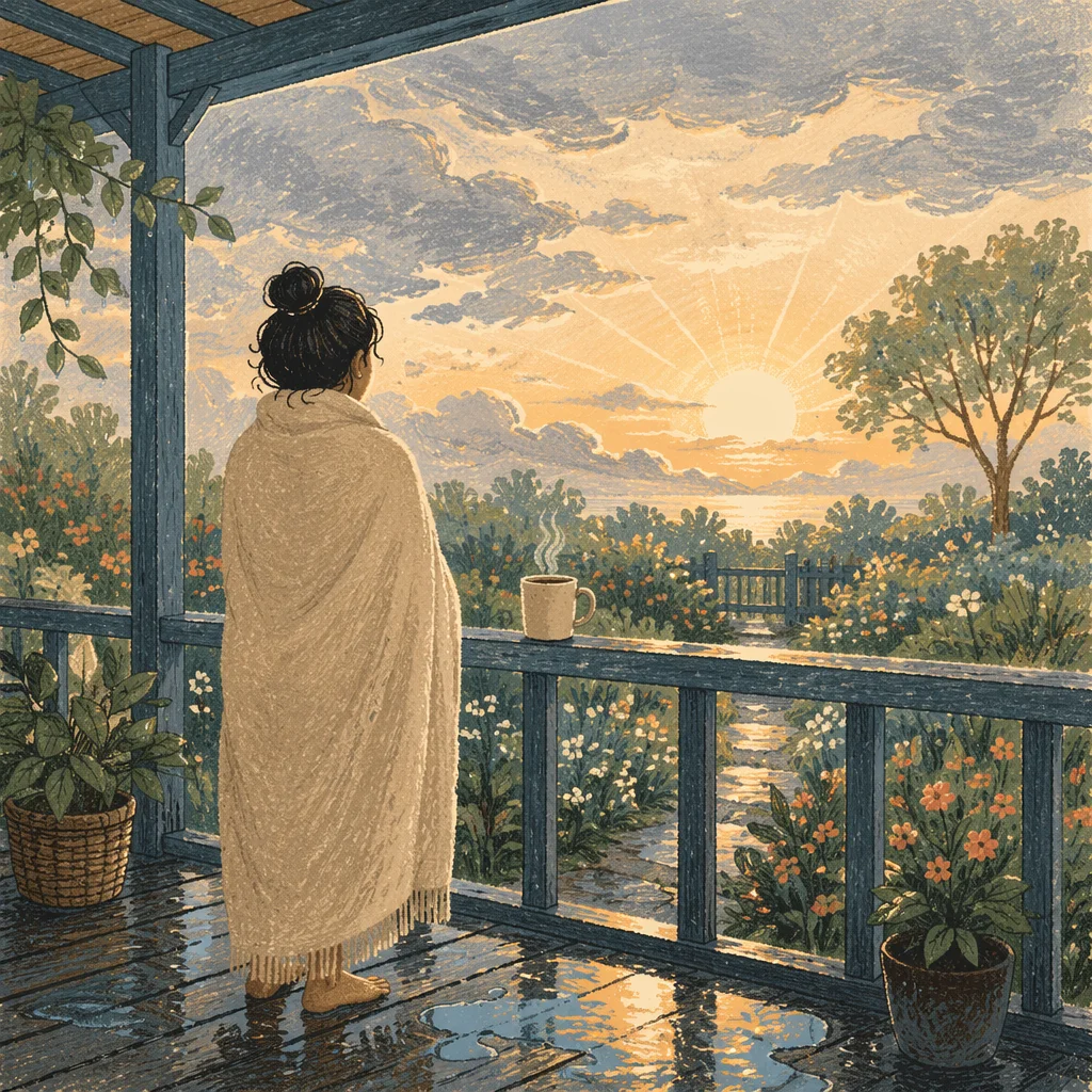 Peaceful Sunrise After Storm on Porch