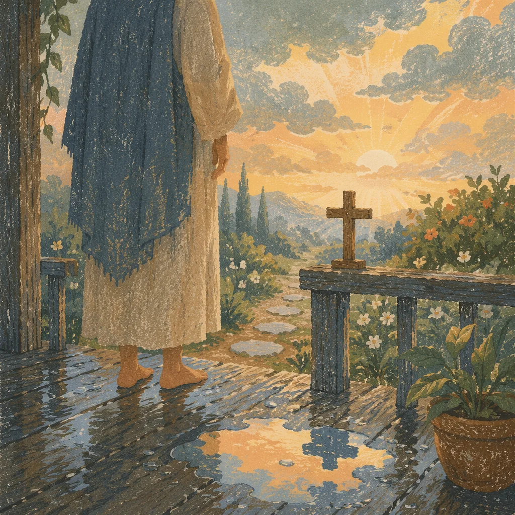 Peaceful Sunrise After Storm with Wooden Cross