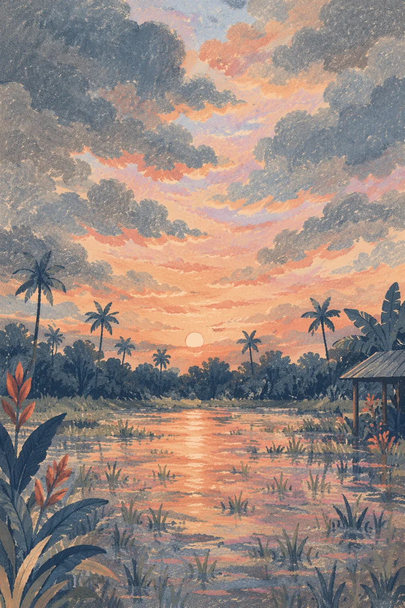 Peaceful Sunrise Over Flooded Tropical Garden