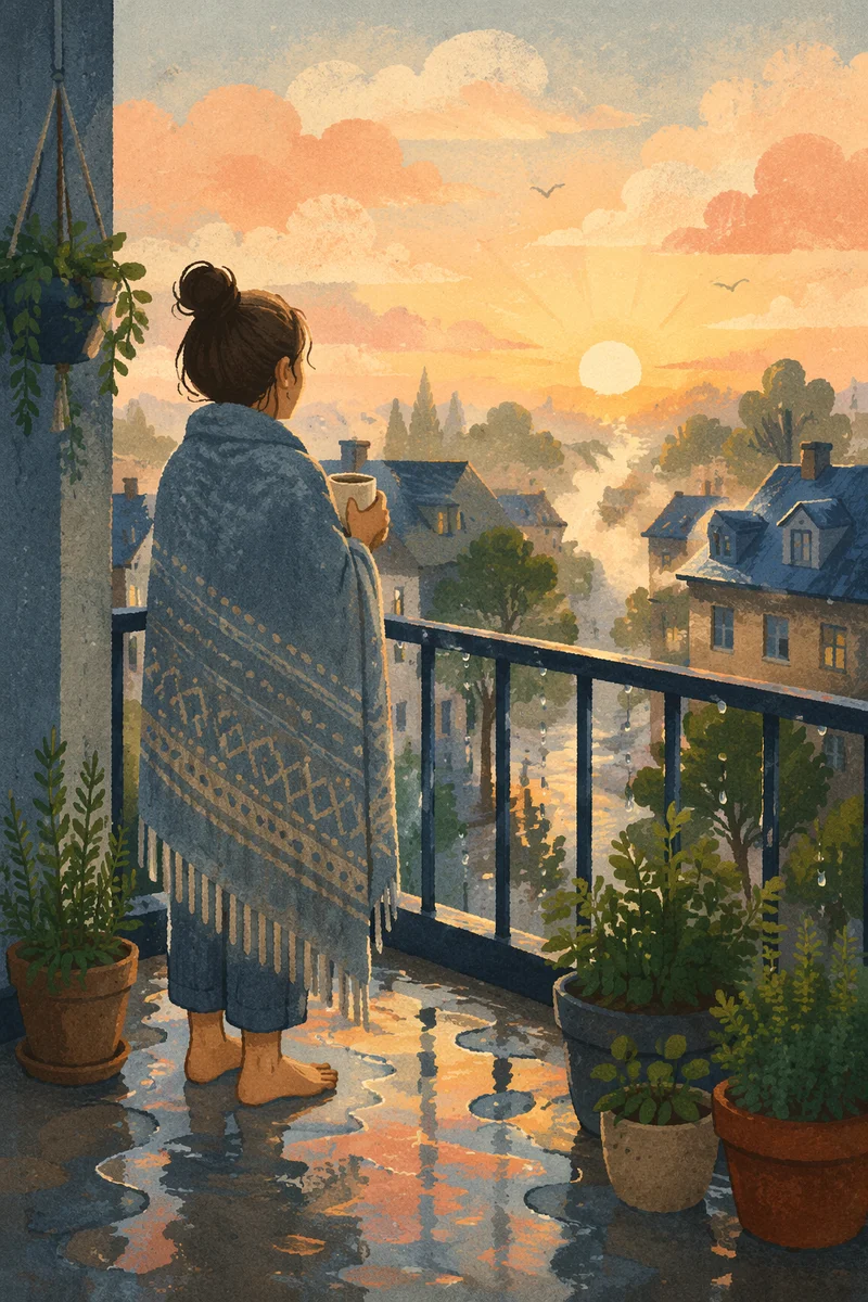 Peaceful Sunrise After Storm on Balcony