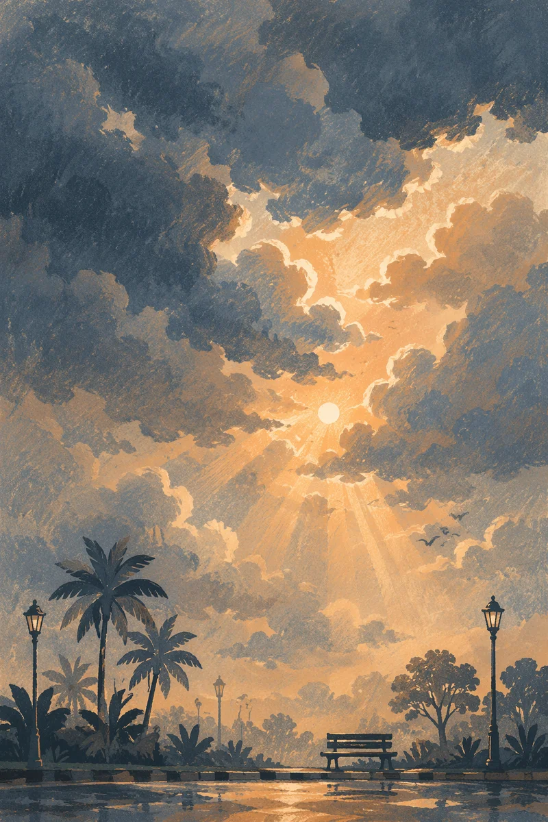 Peaceful Sunrise After Storm Over Roadside Park