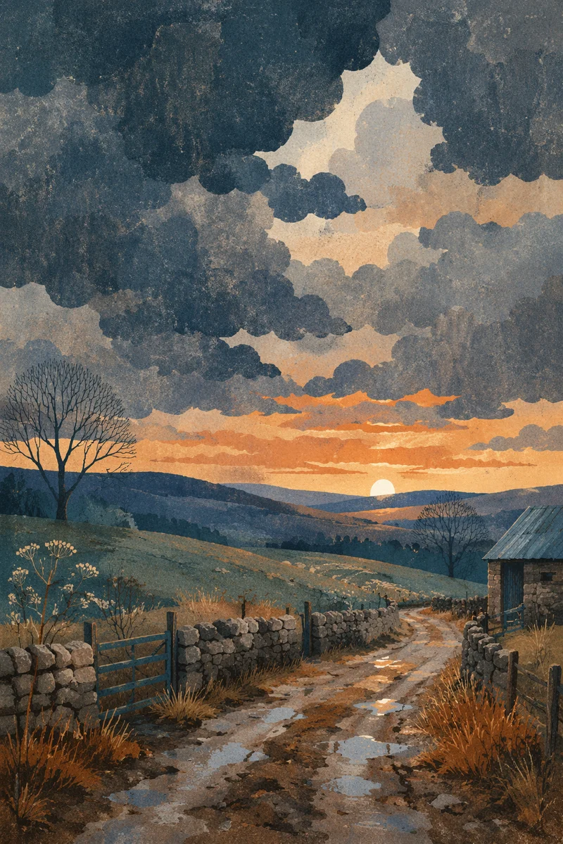 Peaceful Rural Sunrise After Storm Clouds