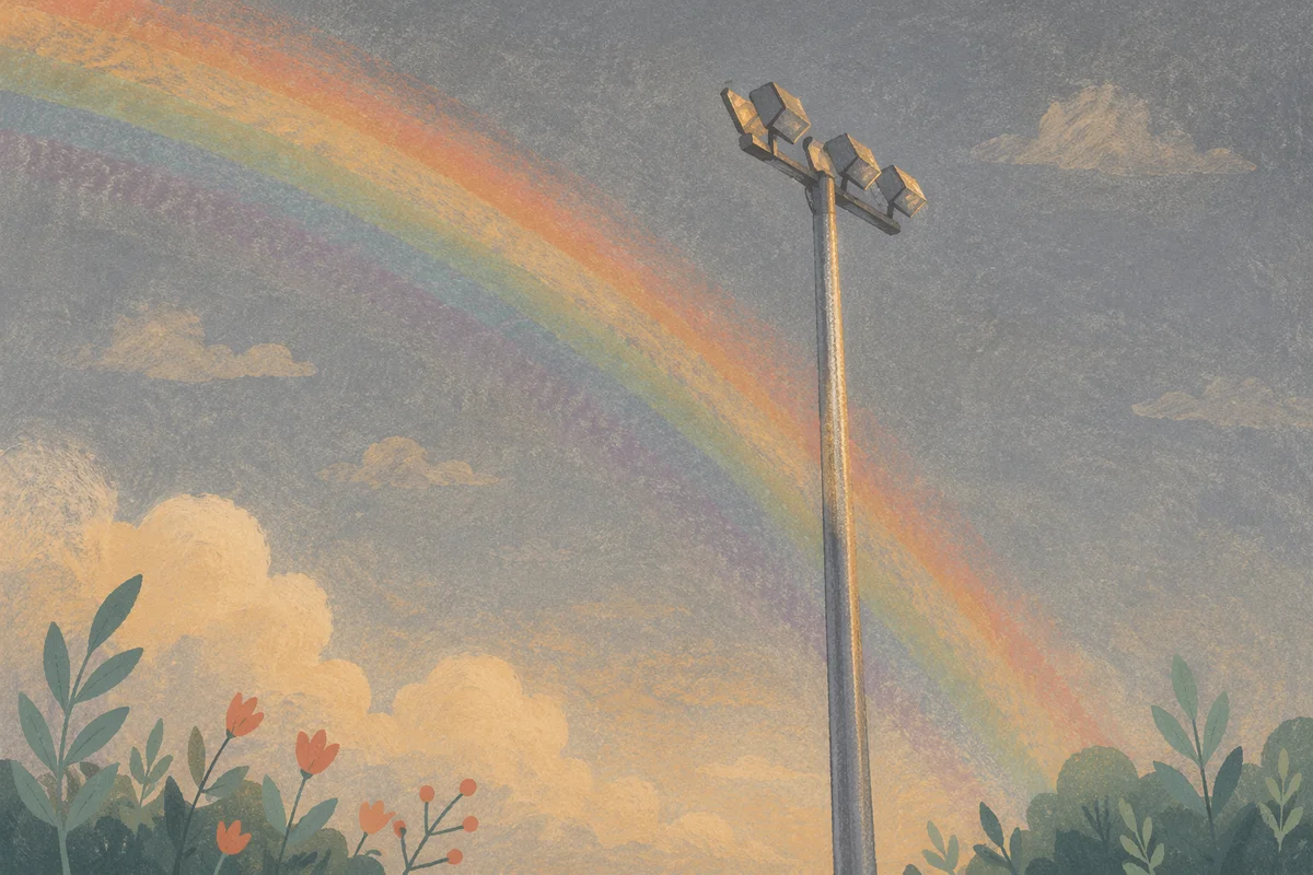 Peaceful Sunrise Rainbow Behind Light Pole