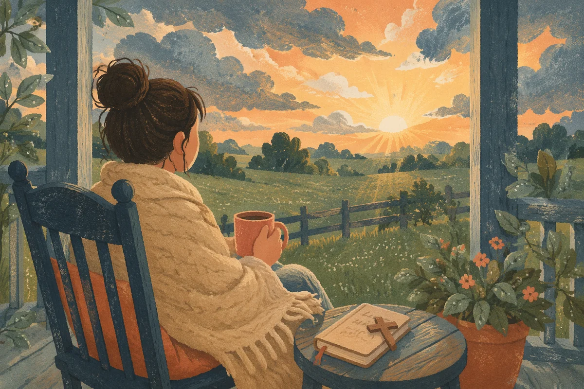 Peaceful Sunrise Prayer on Farmhouse Porch